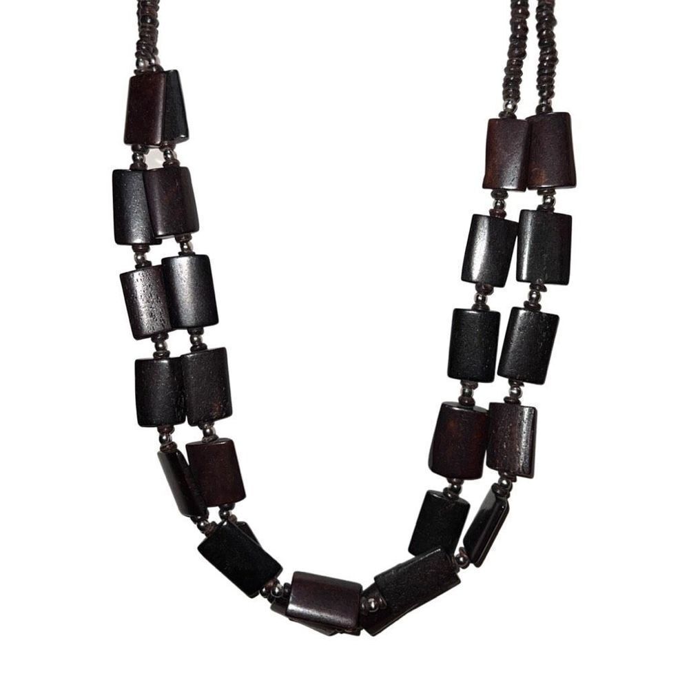 Vintage Long Double Layered Beaded Round & Square Wood Necklace In Brown